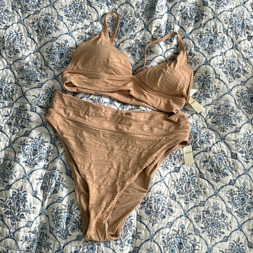 Aerie Neutral High Waisted Bikini Swimsuit Top Size XL Bottoms XXL new with tags